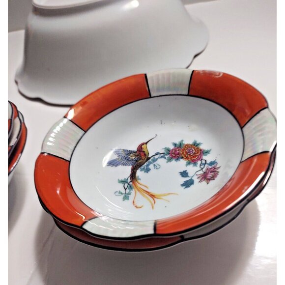 Antique Schwarzenhammer Bavaria Orange Luster Bird Of Paradise 6 Bowl Set - Picture 9 of 12